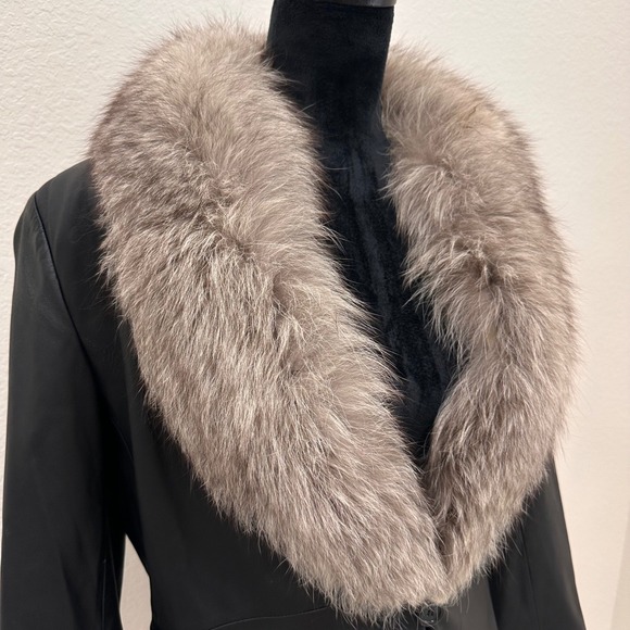 Vintage Marvin Richards Black Coat Fox Fur Collar Leather Jacket Hip Length M - Picture 4 of 12